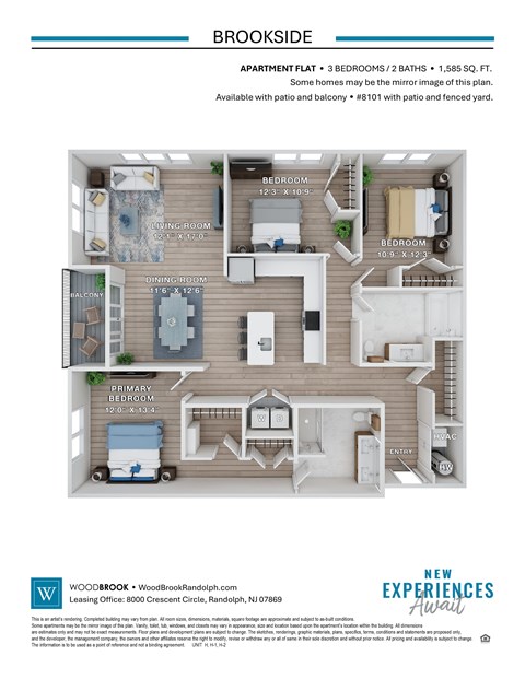 Floor plan for 3 beds, 2 baths, 1585 sqft